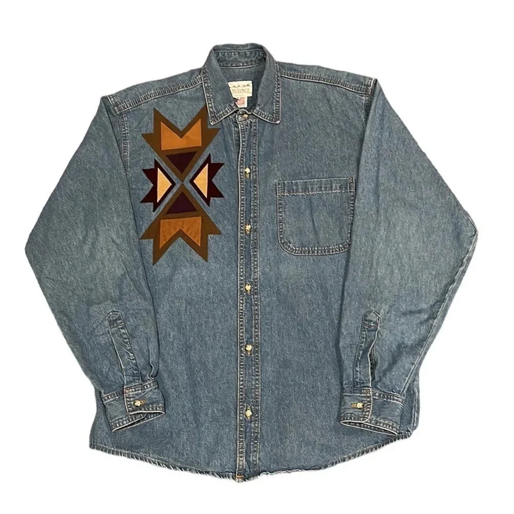 Vintage Sundance Denim Wear Aztec Western Shirt Men Medium